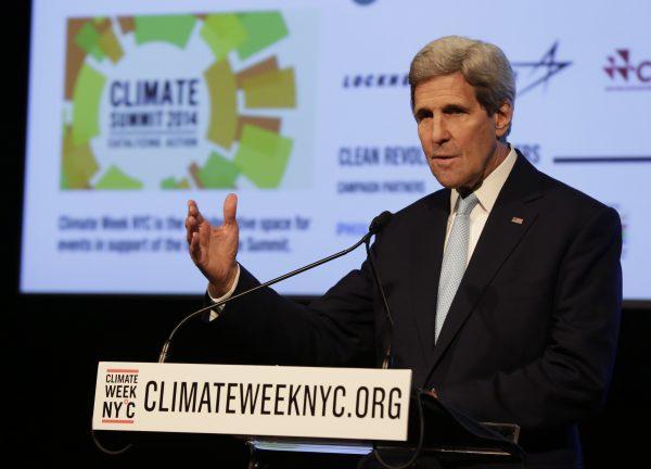 US Secretary of State John Kerry delivers remarks at a NYC Climate Week opening event, at the Morgan Library in New York, Monday, Sept. 22, 2014. (AP Photo/Richard Drew)
