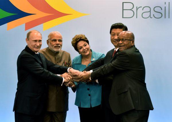(L–R) Russia's Vladimir Putin, India's Narendra Modi, Brazil's Dilma Rousseff, China's Xi Jinping, and South Africa's Jacob Zuma during the 6th BRICS Summit in Fortaleza, Brazil, on July 15, 2014. (Nelson Almeida/AFP/Getty Images)