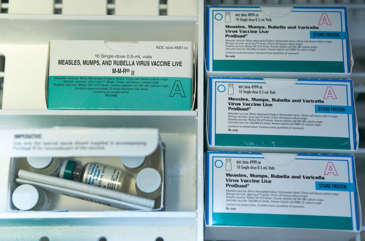 Boxes of single-doses vials of the measles-mumps-rubella virus vaccine live at the practice of Dr. Charles Goodman in Northridge, Calif. (Damian Dovarganes/The Associated Press)