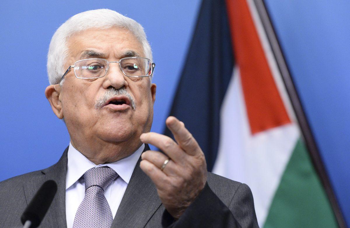 Palestinian President Mahmoud Abbas gestures during a joint press conference with the prime minister of Sweden in the Bella Venezia room at the Rosenbad government office in Stockholm on Feb. 10, 2015. (Jonathan Nackstrand/AFP/Getty Images)