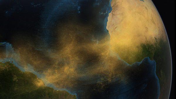 A conceptual image showing dust from the Saharan Desert crossing the Atlantic Ocean to the Amazon rainforest in South America. (Conceptual Image Lab, NASA/Goddard Space Flight Center)