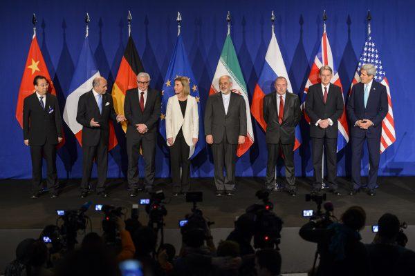 P5+1 and Iran representative pose prior to the announcement of an agreement on Iran nuclear talks on April 2, 2015 at the The Swiss Federal Institutes of Technology (EPFL) in Lausanne. (Fabrice Coffrini/AFP/Getty Images)