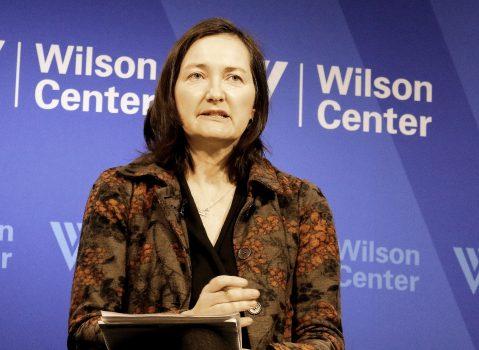 Anne-Marie Brady, associate professor in political science at the University of Canterbury in New Zealand, speaking on Xi Jinping's ideology campaign at the Wilson Center in Washington on April 2, 2015. (Gary Feuerberg/ Epoch Times)