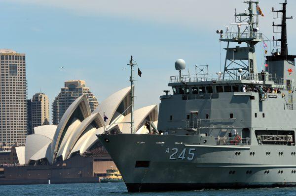 Australia's warship HMAS Leeuwin sails during the 2013 International Fleet Review in Sydney on October 5, 2013. Australia considered sending navy ships to help challenge the Chinese regime's claims in the South China Sea. (Saeed Khan/AFP/Getty Images)