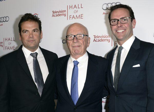 News Corp. Exeuctive Chairman Rupert Murdoch, center, and his sons, Lachlan, left, and News Corp Deputy COO James Murdoch attend the 2014 Television Academy Hall of Fame in Beverly Hills, Calif., on March 11, 2014. (Dan Steinberg/Invision/AP Images)