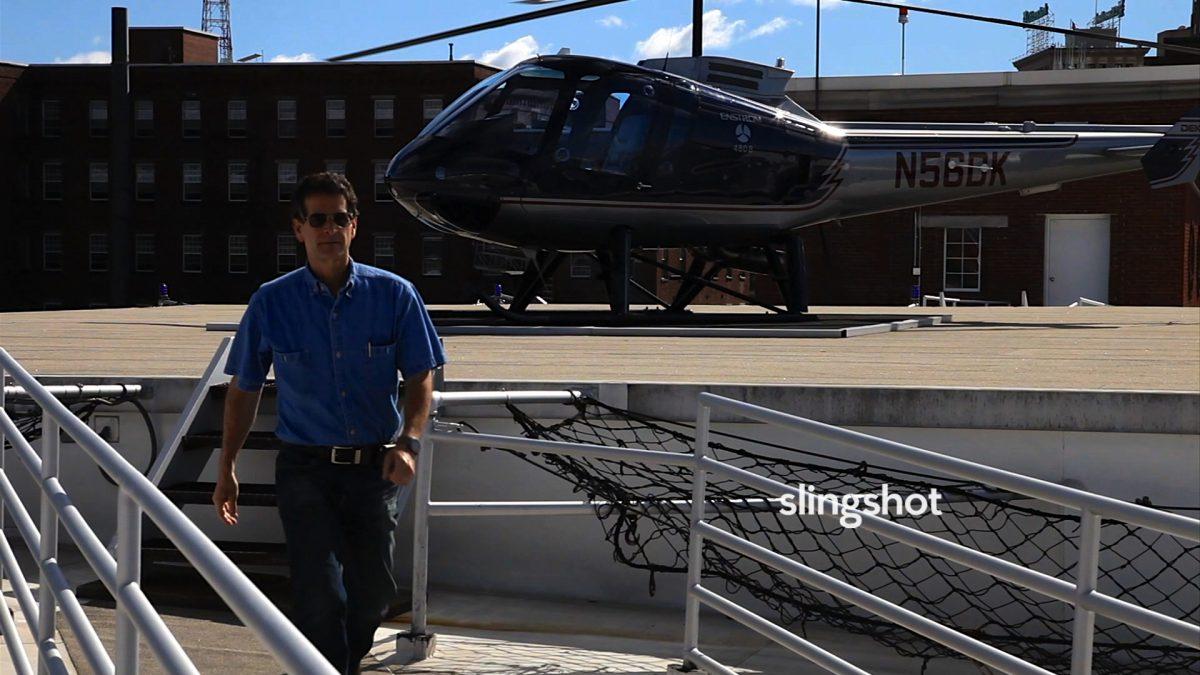 Dean Kamen and his private helicopter in "Slingshot." (DEKA Research and Development/White Dwarf Productions)