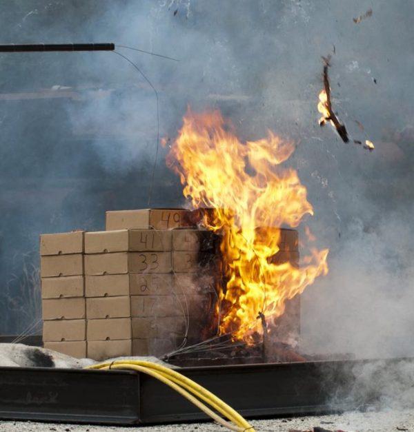 A test is conducted by the Federal Aviation Administration to see if a single lithium-ion battery would start a chain reaction with other lithium-ion batteries if it happened to explode. (DOT/FAA/TC-TN12/11)