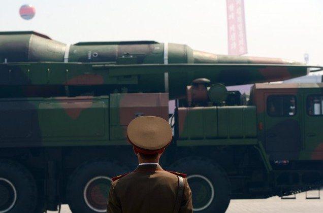 A military vehicle carries what is believed to be an intermediary range ballistic missile during a military parade to mark the 100th birthday of former North Korean leader Kim Il-Sung in Pyongyang, North Korea, on April 15, 2012. (Pedro Ugarte/AFP/Getty Images)