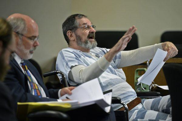 Frazier Glenn Miller Jr. gestures during pre-trial motions for his case at Johnson County District Court in Olathe, Kan., on July 17, 2015. (Tammy Ljungblad/The Kansas City Star via AP)