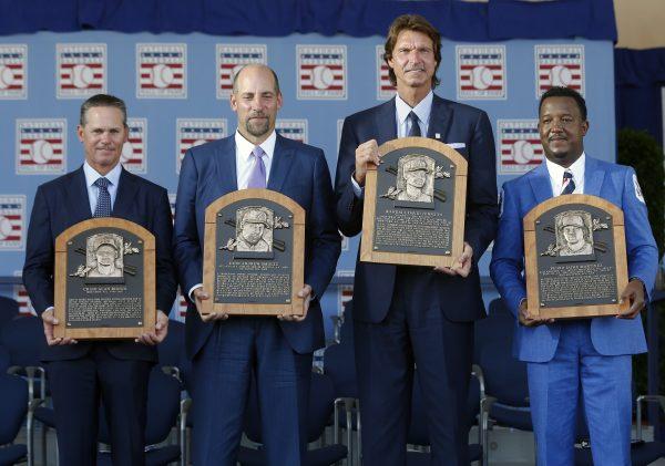 Newly-inducted Baseball Hall of Famers (from L-R) Craig Biggio, John Smoltz, Randy Johnson and Pedro Martinez combined for 33 All-Star appearances during their careers. (AP Photo/Mike Groll)