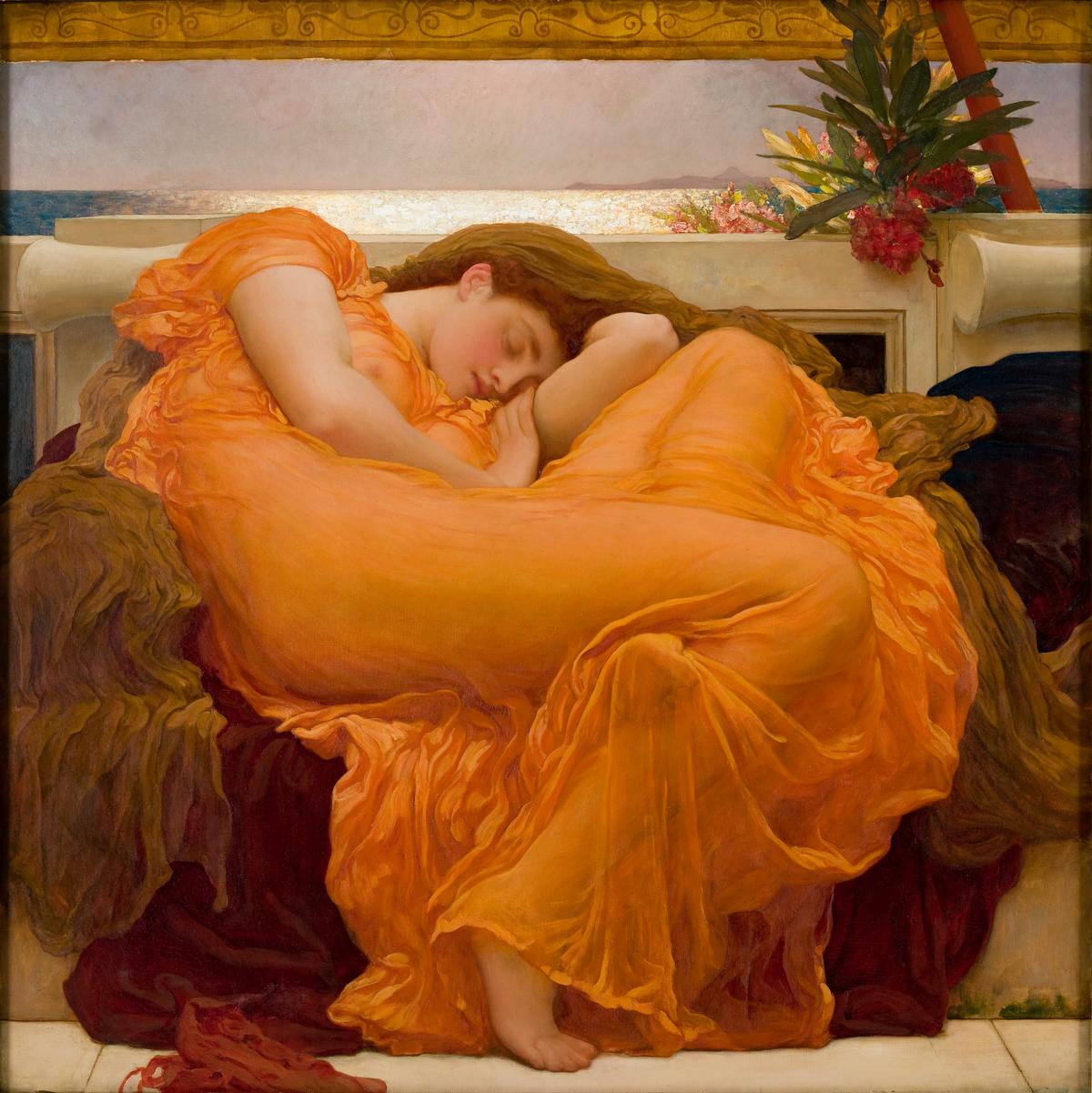 "Flaming June," 1895, by Frederic Leighton. Oil on canvas. Museo de Arte de Ponce, Ponce, Puerto Rico. (Public Domain)