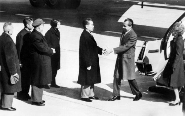 Chinese Premier Zhou Enlai welcomes U.S. President Richard Nixon during his official visit to Beijing, China, on Feb. 21, 1972. Nixon sought to play the China card as a way to gain advantage in the contest with the Soviet Union. (AFP/Getty Images)