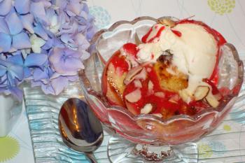 Grilled Peaches with Vanilla Ice Cream and Raspberry Sauce