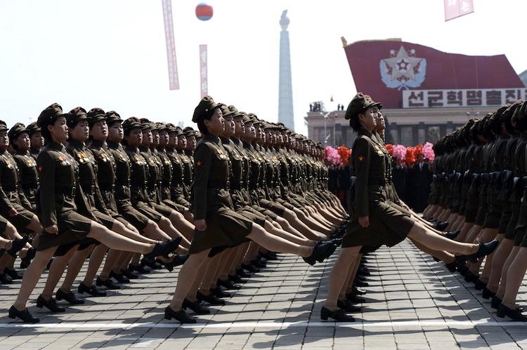 North Korean female soldiers march during a military parade in Pyongyang on April 15, 2017. (Pedro Ugarte/AFP/Getty Images)