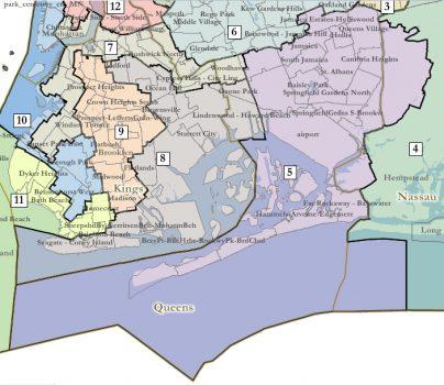 Part of a redistricting map drawn by U.S. Magistrate Judge Roanne L. Mann that shows new lines in the Queens and Brooklyn boroughs in New York. (Courtesy of United States District Court for the Eastern District of New York)