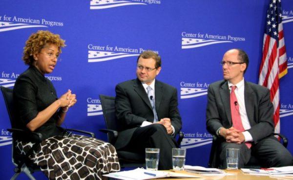 (L to R) Patrice Ficklin, Assistant Director for the Office of Fair Lending & Equal Opportunity, Consumer Financial Protection Bureau; Tom Perriello, President and CEO, Center for American Progress Action Fund (moderator); and Tom Perez, Assistant Attorney General for Civil Rights, U.S. Department of Justice, discussed predatory and discriminatory lending in the United States. (Gary Feuerberg/ The Epoch Times)