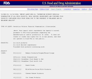All Chinese Imports with Milk Stopped at U.S. Border