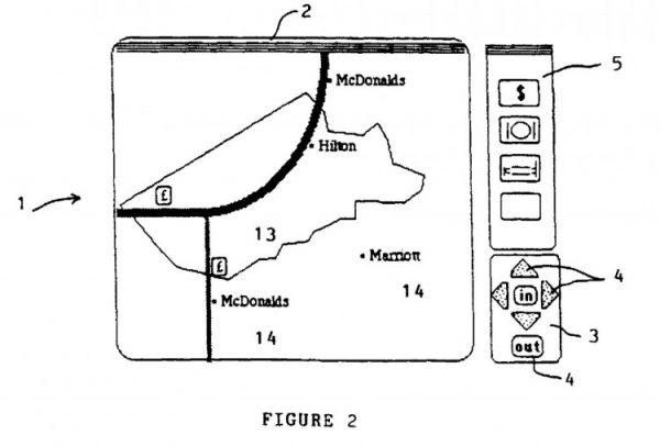This drawing was included in the 1995 filing for U.S. Patent No. 6,240,360 and shows how the technology might be used for map services (European Patent Office)