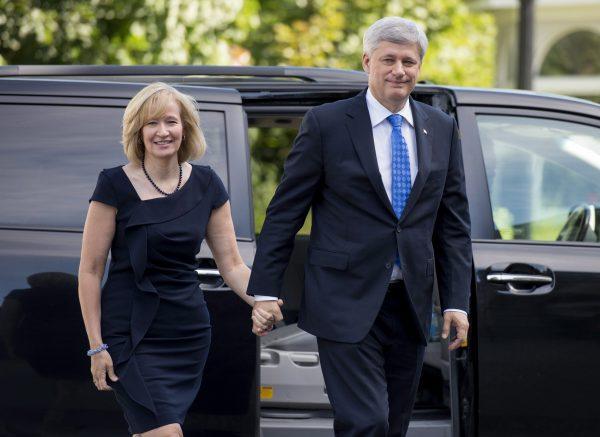 Prime Minister Stephen Harper visits Governor General David Johnston, along with his wife Laureen, to dissolve parliament and trigger an election campaign at Rideau Hall on Aug. 2, 2015. (Justin Tang/The Canadian Press)