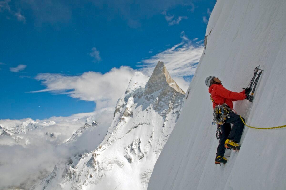 Conrad Anker leading a pitch (one rope length's worth of progress) in "Meru." (Renan Ozturk/Music Box Films)