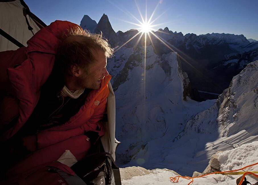 Conrad Anker looking out of the porta-ledge in "Meru" (Jimmy Chin/Music Box Films)