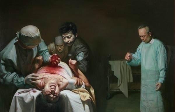 A painting shows Chinese police and doctors harvesting the organs of a living Falun Gong practitioner. Investigators believe thousands of Falun Gong adherents have had their organs harvested by Chinese authorities. (Minghui.org)