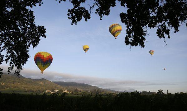 In this photo taken on Aug. 25, 2015, hot-air balloons rise just after dawn over vineyards in Yountville, Calif. (AP Photo/Eric Risberg)
