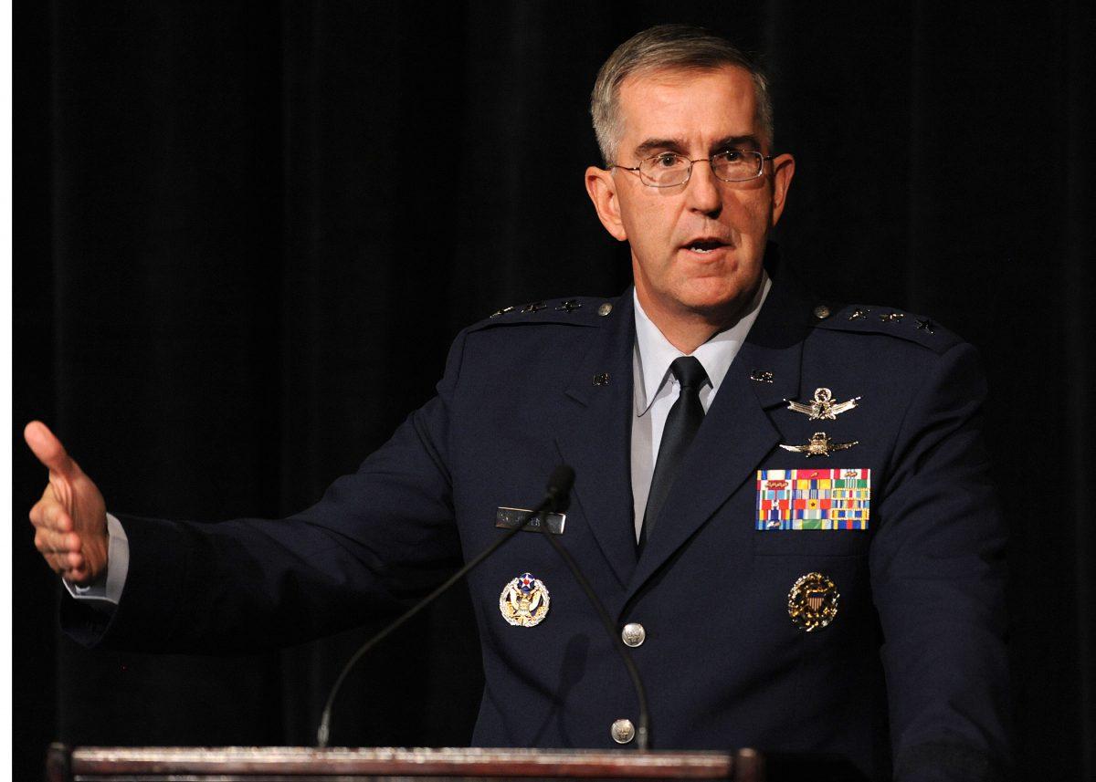Lt. Gen. John E. Hyten, Air Force Space Command vice commander, speaks about how cyber operations are a clear catalyst for change in the art and science of modern warfare during the Space Foundation's Cyber 1.3 luncheon at The Broadmoor hotel, Colorado Springs, Colo., April 8, 2013. (U.S. Air Force photo/Duncan Wood)