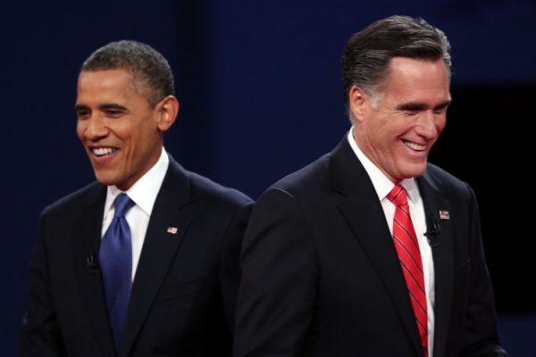 Democratic candidate, President Barack Obama (L) walks away from Republican presidential candidate, former Massachusetts Gov. Mitt Romney (R) after the first presidential debate in Denver, Colo., Oct. 3, 2012. (Win McNamee/Getty Images)