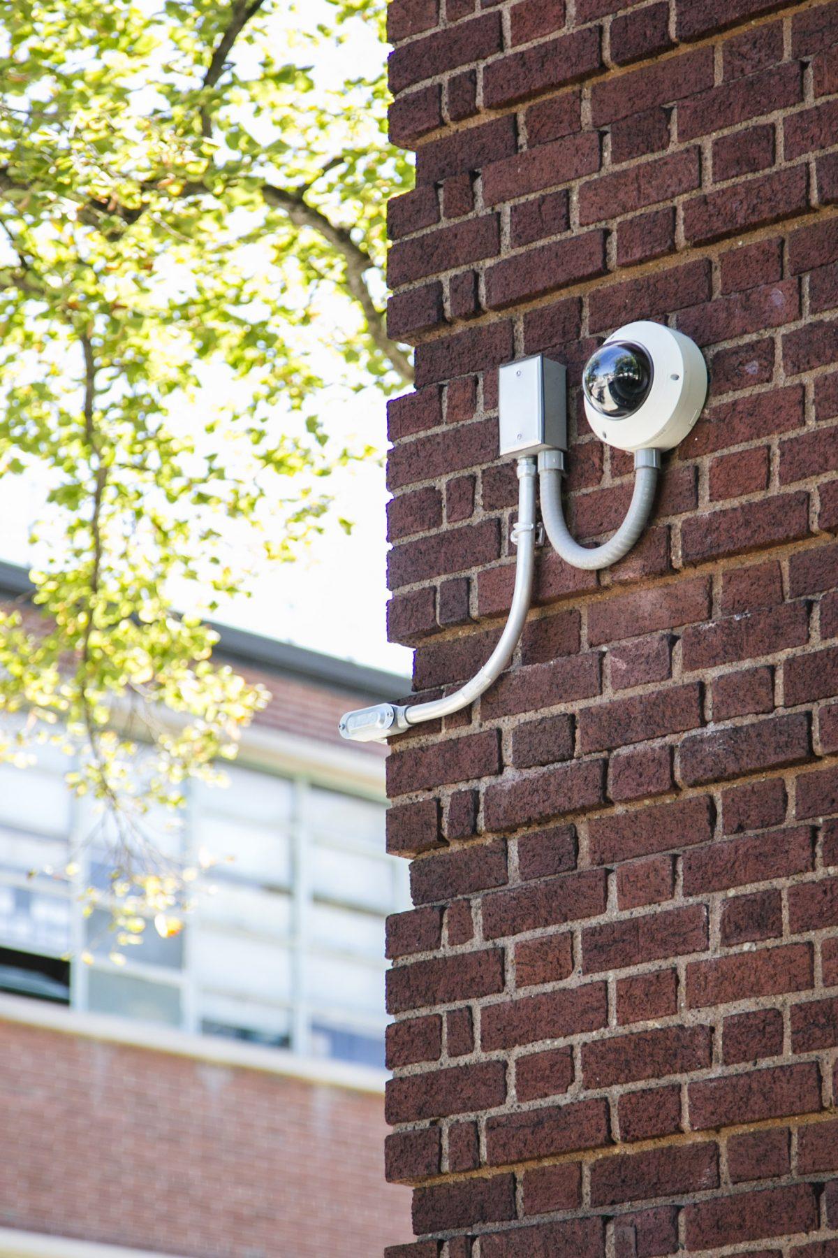 A camera at St. Elizabeth Catholic Academy in Ozone Park, Queens, on Sept. 15, 2015, which is the first school to install Scotti’s pro bono bulletproof walls and advanced surveillance system. (Samira Bouaou/Epoch Times)