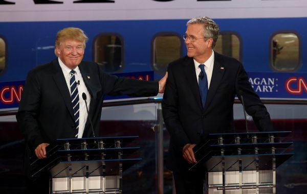 Then-Republican presidential candidates Donald Trump (L) and Jeb Bush take part in the presidential debates at the Reagan Library in Simi Valley, Calif., on Sept. 16, 2015. (Justin Sullivan/Getty Images)