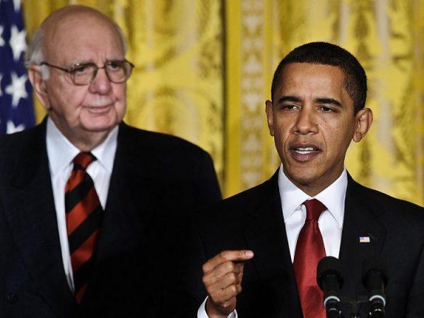 President Barack Obama introduces the President's Economic Recovery Board chaired by former Federal Reserve head Paul Volcker (L) in the East Room of the White House in Washington on February 6, 2009. (Nicholas Kamm/AFP/Getty Images)