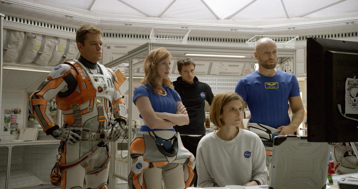 (L–R) Matt Damon, Jessica Chastain, Sebastian Stan, Kate Mara, and Aksel Hennie portray the crewmembers of the fateful mission to Mars (Twentieth Century Fox /Twentieth Century Fox Film Corporation)
