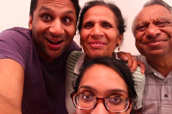 (L–R) Son Ravi, mom Champa, daughter Geeta, and dad Vasant Patel in "Meet the Patels." (Alchemy)