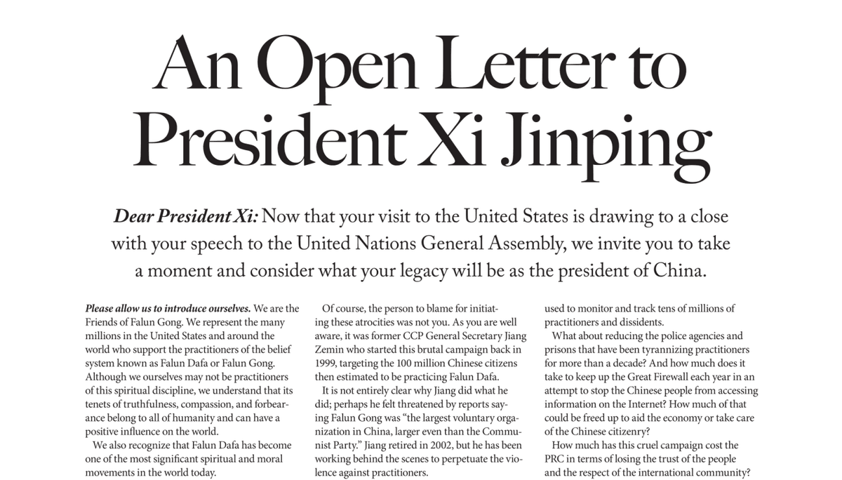 Full Page Open Letter in New York Times Calls on Xi Jinping to Stop Persecution