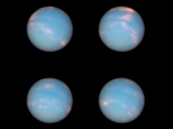 These four images of Neptune were taken by NASA's Hubble Space Telescope during the planet's 16-hour rotation. The snapshots were taken at roughly four-hour intervals, offering a full view of the blue-green planet. (NASA, ESA, Hubble Heritage Team)