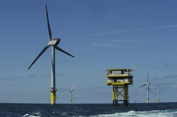 The offshore wind power farm Alpha Ventus is pictured off the northern German island of Borkum on April 23, 2010. (David Hecker/AFP/Getty Images)