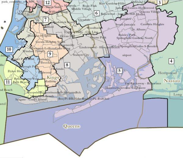 Part of a redistricting map drawn by federal Magistrate Judge Roanne Mann that shows new lines in Queens and Brooklyn. (Courtesy of United States District Court for the Eastern District of New York)