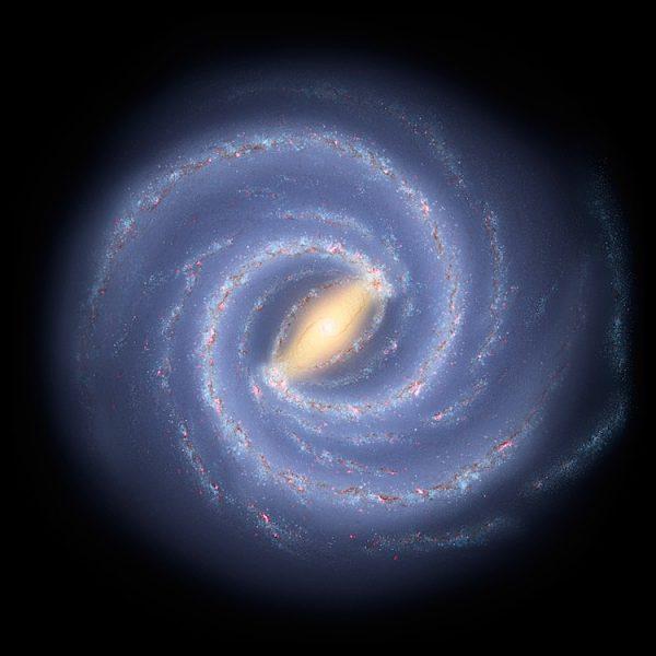 Artist's concept of the Milky Way showing the two major arms (Scutum-Centaurus and Perseus) attached to the ends of a thick central bar, where a third shorter spiral arm lies, the "Far-3 kiloparsec arm." The two less distinct minor arms (Norma and Sagittarius) are located between the major arms, and are mostly filled with gas and pockets of star formation. (NASA/JPL-Caltech)