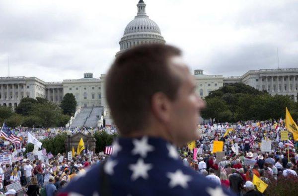 Protesters gather on Capitol Hill during the Tea Party Express rally in Washington, on Sept. 12, 2009. (Brendan Smialowski/Getty Images)
