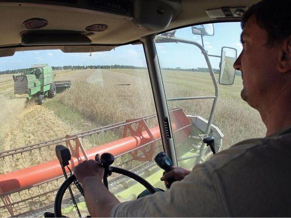 Farmers harvest grain on land near Zhovtneve village, in the region of Chernigov, some 136 miles north of Kyiv, Ukraine, in this 2021 file photo. (Genya Savilov/AFP/Getty Images)