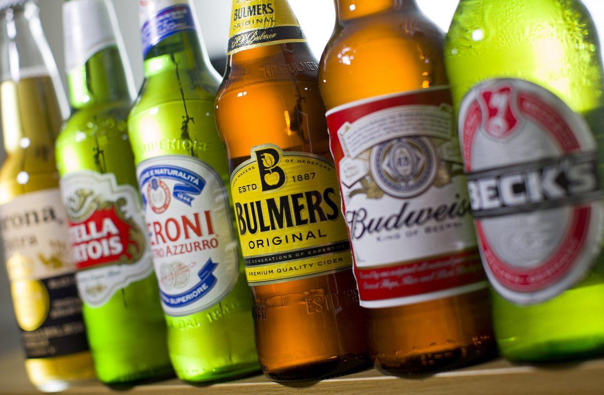 Bottles of beer and cider produced by Belgian–Brazilian group Anheuser-Busch InBev (Budweiser, Corona, Stella, and Beck's) and British brewer SABMiller. (Justin Tallis/AFP/Getty Images)
