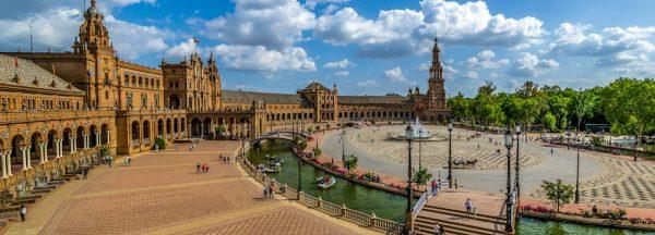 Huge Panoramic view of The Plaza de Espana is a plaza in the Parque de Maria Luisa, in Seville, Spain, built in 1928 for the Ibero-American Exposition of 1929. (Shutterstock)