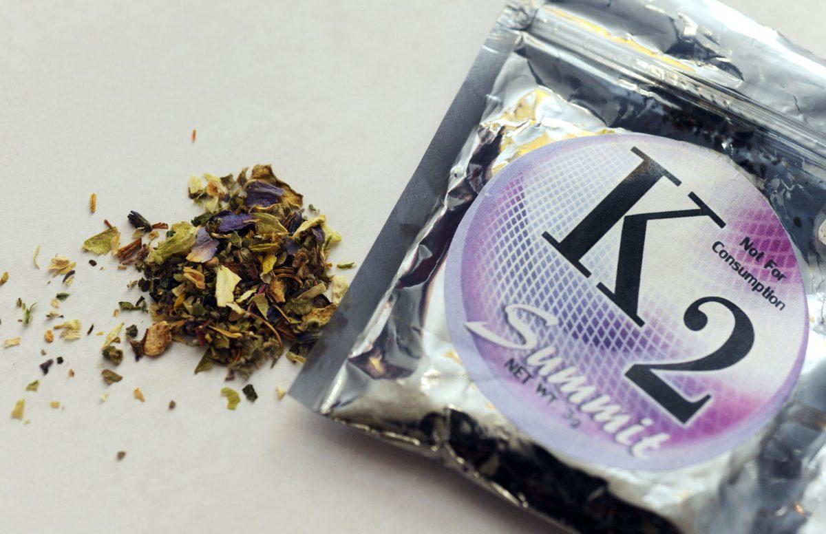 This Feb. 15, 2010, file photo shows a package of K2, a concoction of dried herbs sprayed with a synthetic compound chemically similar to THC, the main ingredient in marijuana. (Kelley McCall/AP Photo)
