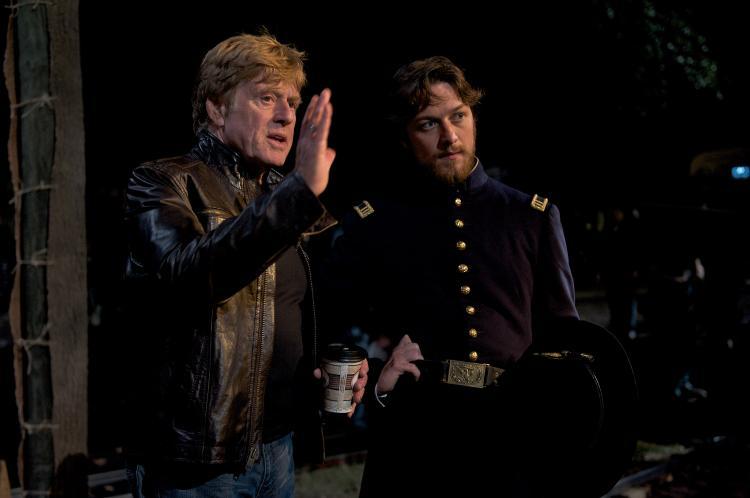 (L–R) Robert Redford directing James McAvoy as Frederick Aiken on the set of "The Conspirator." (Roadside Attractions)