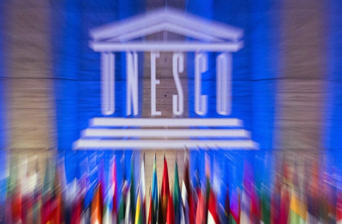 The logo of the United Nations Educational, Scientific and Cultural Organization (UNESCO) is seen in Paris on Nov. 12, 2013. (Jacques Brinon/AP Photo)