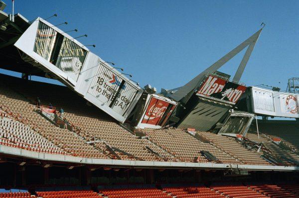 A portion of the outfield structure at Anaheim Stadium collapsed on Jan. 17, 1994, after a severe earthquake hit the Los Angeles area. (AP Photo/Ben Margot)