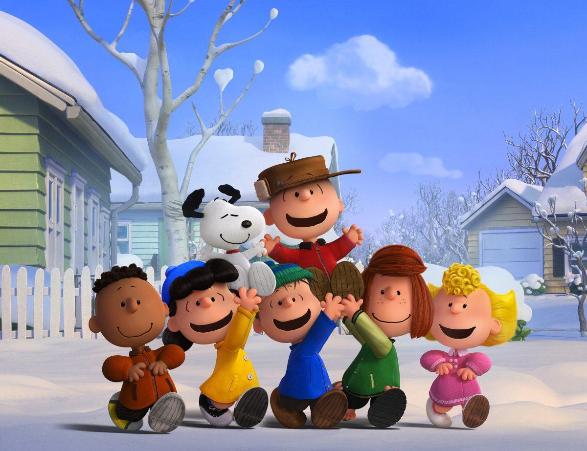 Charlie Brown, Snoopy, and the Peanuts gang (Franklin, Lucy, Linus, Peppermint Patty, and Sally) revel in a snow day. (Twentieth Century Fox Film Corporation)