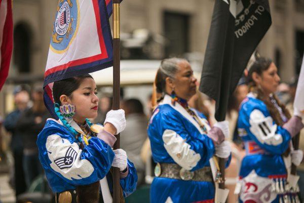 Women dressed in American Indian uniforms participate in the Veterans Day parade in New York City on Nov. 11, 2015. (Benjamin Chasteen/Epoch Times)