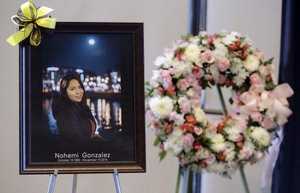 A picture is displayed during a memorial service for California State Long Beach student Nohemi Gonzalez in Long Beach, Calif., on Nov. 15, 2015, who was killed at a restaurant in Paris after being shot by terrorists. (Chris Carlson/AP Photo)